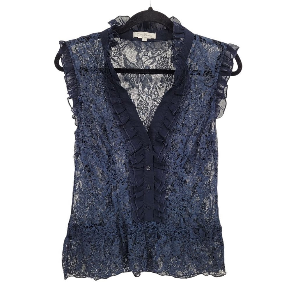 Costa Blanca womens large navy blue ruffle button detail sleeveless top tank